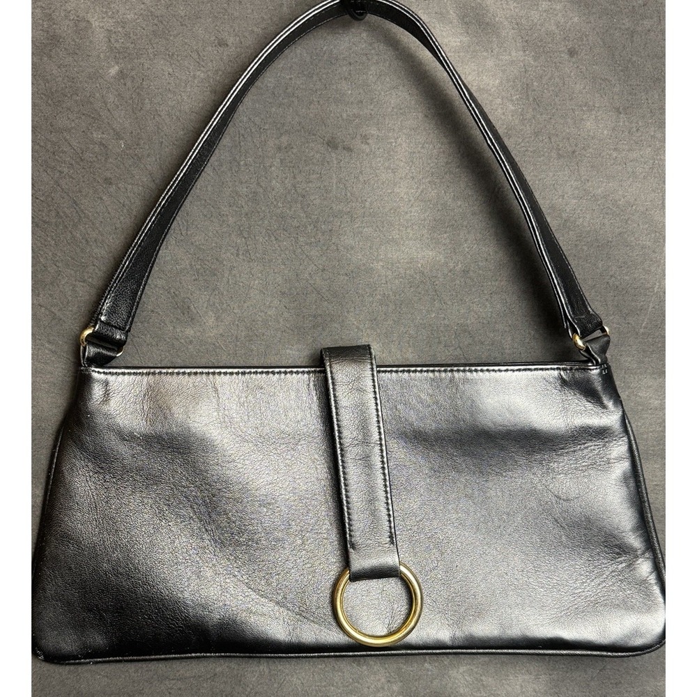 Arleen C Black Leather Baguette Shoulder Bag Vintage Y2K Small Purse Party Club